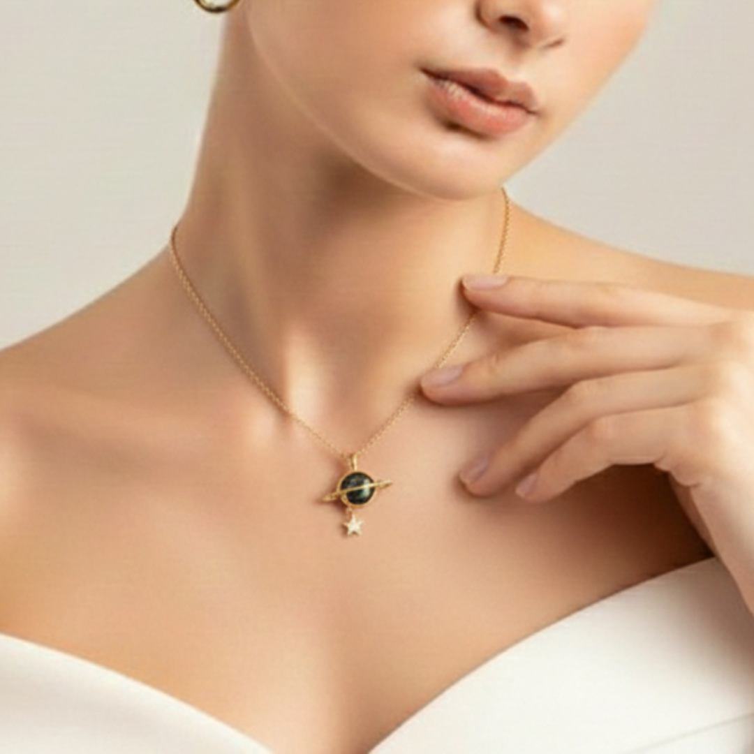 Saturn Ring Necklace – Celestial Orbit Pendant | Premium Minimal Jewelry